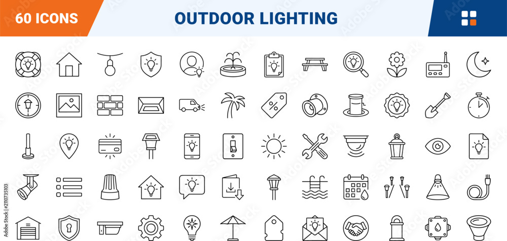 Fototapeta premium Landscape lighting line icon set. Vector pictograms of exterior illumination, garden fixture, patio lamp, and outdoor light elements, thin linear illustration.