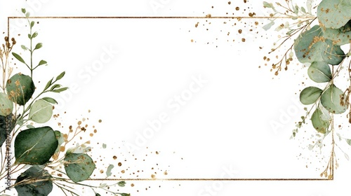 Elegant gold frame, greenery border, and golden glitter