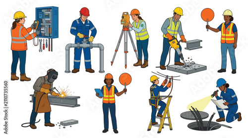 Set of diverse construction workers and industrial professionals performing various tasks on a site.