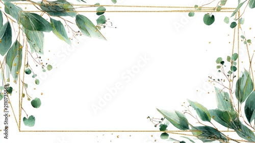 Gold frame with watercolor greenery and confetti