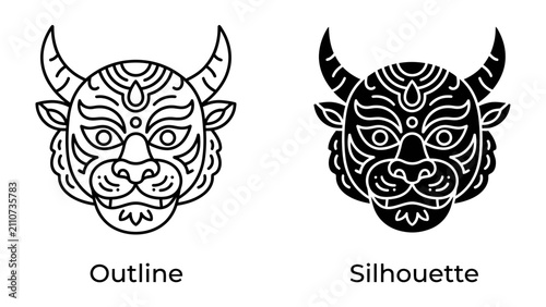 Bild auf Leinwand Mythical Bull Iconography: Two stylized representations of a bull's head, one as an outline and the other as a silhouette, showcasing intricate tribal or mythical patterns