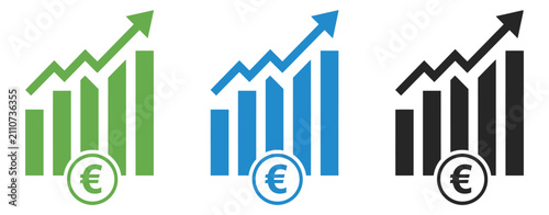 Bar chart icon featuring colorful graphs, upward arrows, euro currency signs, financial growth concept, analytics symbols, and vector illustration.