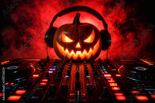 Halloween DJ Pumpkin: A spooky carved pumpkin with glowing eyes and headphones sits atop a DJ set, surrounded by eerie red mist and dramatic lighting.