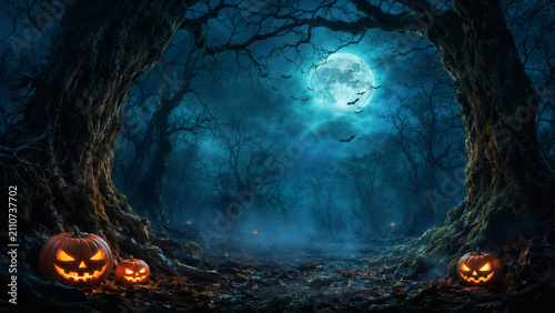 Eerie Halloween Forest: Spooky carved pumpkins with glowing eyes illuminate a dark, enchanted forest under a full moon, creating a chilling atmosphere of mystery and fright.