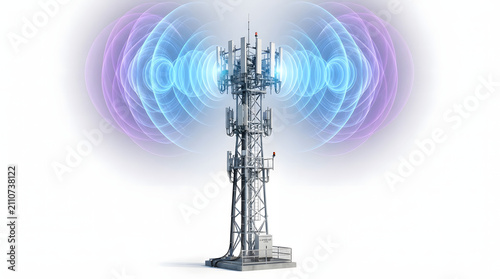 5G network tower transmitting data waves. Futuristic telecom antenna emitting high-speed signal beams for global connectivity.