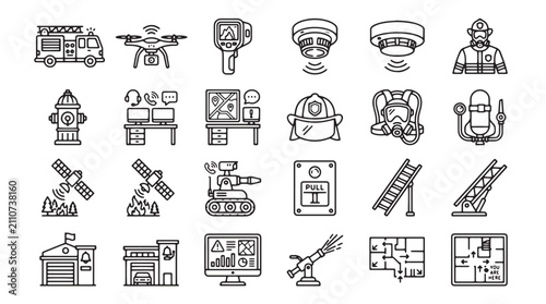 Konstfotografi Firefighting technology and emergency response icons, 24 line vector set of fire