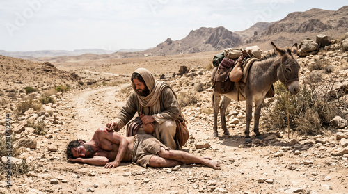 The Good Samaritan helping a wounded, beaten man on a dusty desert road. Biblical parable of mercy and compassion