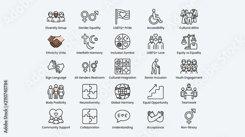 Diversity and inclusion icons for social equity representing gender equality lgbtq pride disability accessibility community support and cultural integration set.