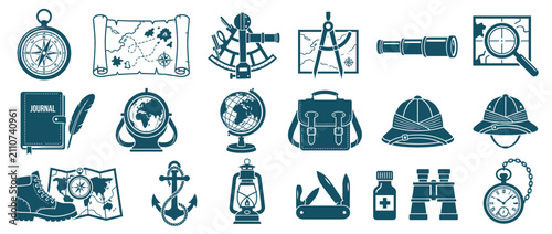 Konstfotografi Vintage Exploration Tools and Navigation Icons Set