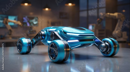 Futuristic rover autonomous rover planetary rover robotic vehicle blue metal wheel laboratory technology concept machine