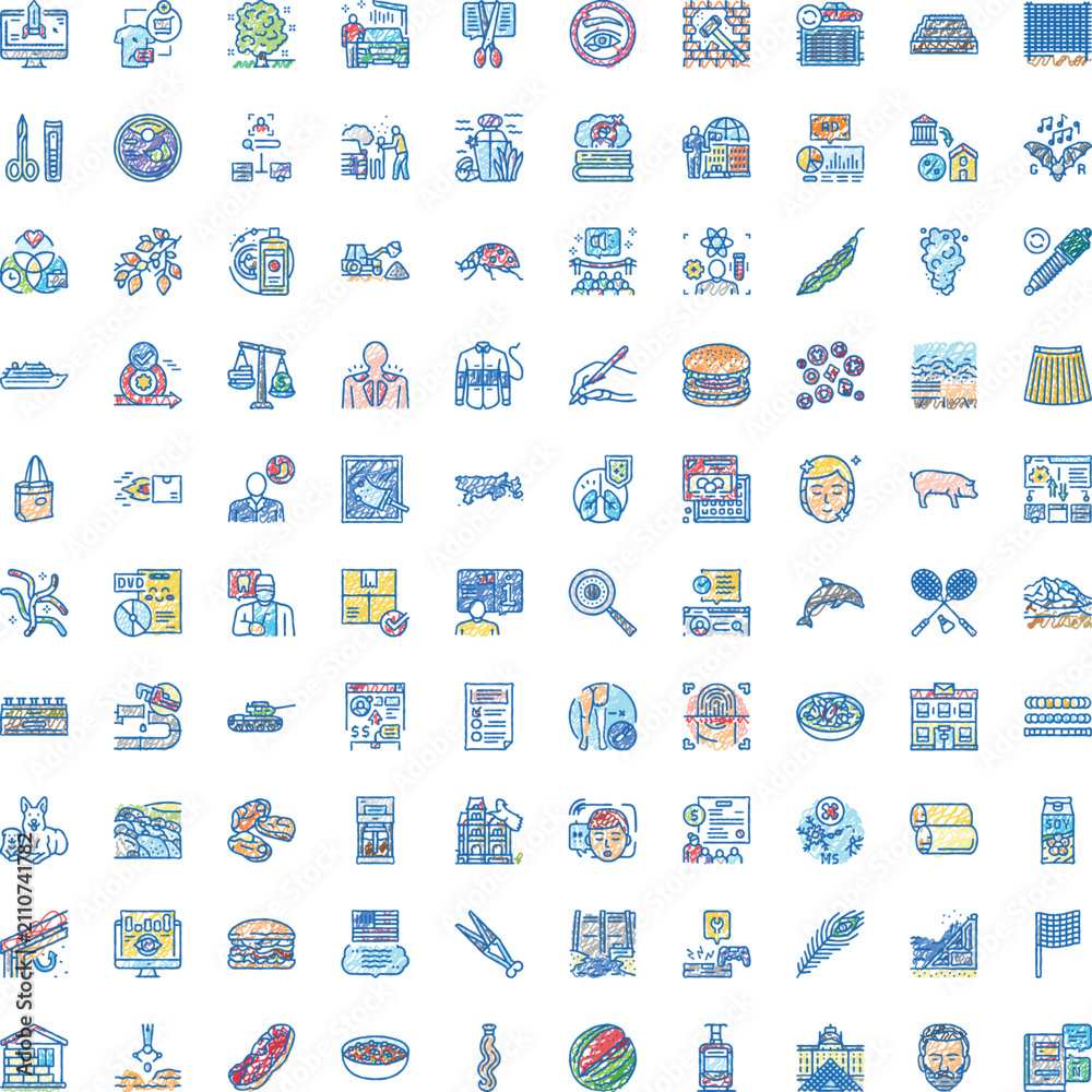 Fototapeta premium Hand drawn colorful icon set depicting technology, health, data, nature, food, sports, transport and everyday objects versatile sketch style visuals for diverse projects