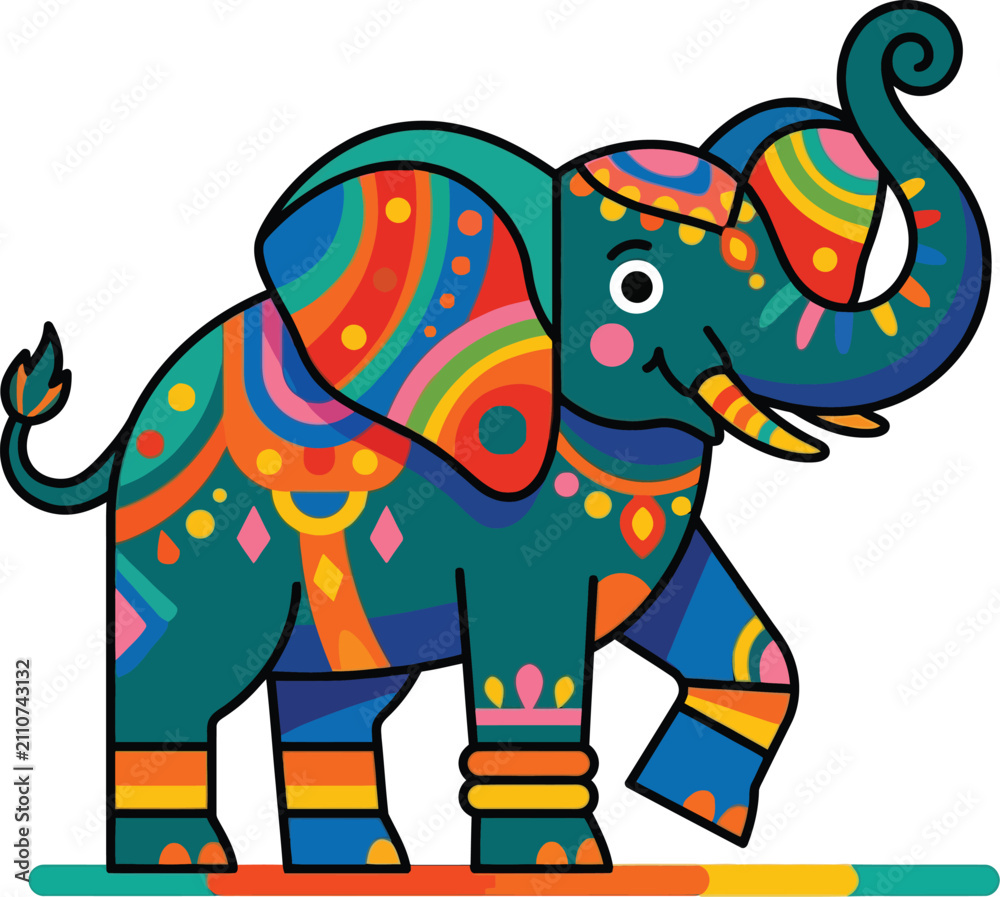 Fototapeta premium Elephant walks joyfully decorated with ornate patterns and festive vivid colors.