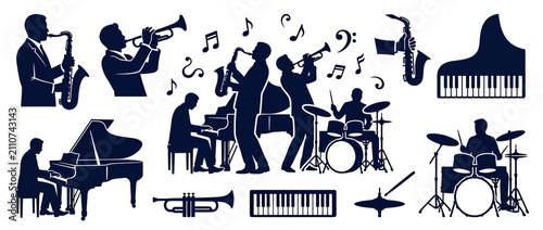 Cuadro en lienzo Silhouette Musicians Playing Jazz Instruments and Piano