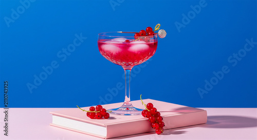 Vibrant pink cocktail with red currants in crystal glass, refreshing summer drink on pink book, bold blue background studio photography