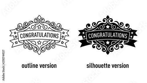 Quadro su tela Congratulations Badge Duo: A pair of ornate badges, one in outline and the other in silhouette, bearing the word Congratulations in decorative typography