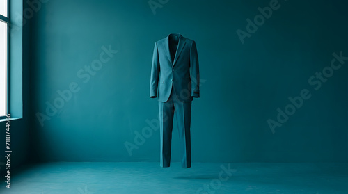 Empty blue suit standing alone in a dimly lit room.