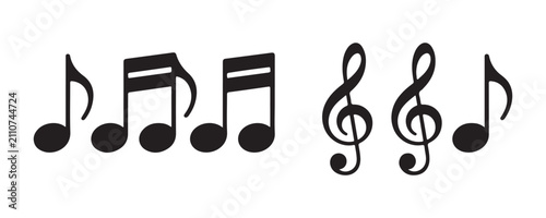 Cuadro en lienzo Set of musical notation symbols featuring treble clefs and eighth notes on transparent background