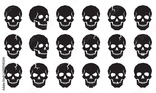Set of black silhouette human skulls on a white background with skeleton