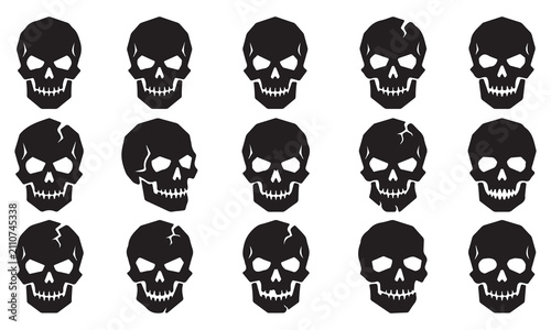 Set of black silhouette human skulls with crack textures, silhouette