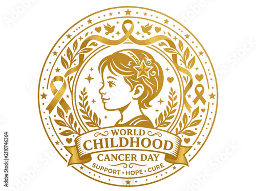 Foto World Childhood Cancer Day gold emblem, elegant child profile with awareness rib