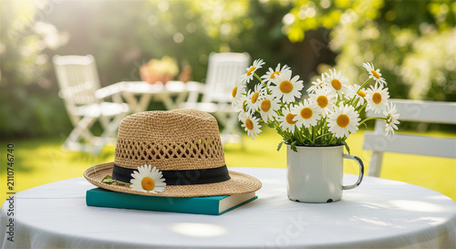 Rustic garden still life with straw hat, daisy flowers in enamel mug and book on white table. Sunny backyard patio scene with blurred furniture.