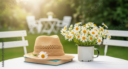 Rustic summer garden scene with straw hat and daisies, white table with book and flowers, idyllic backyard leisure and relaxation concept