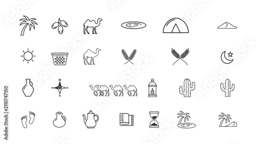 Collection of Desert and Travel Themed Minimal Line Icons with Transparent Backgrounds for Various Uses