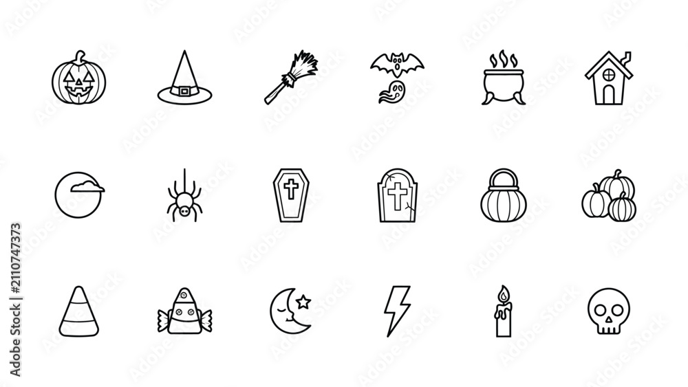 Fototapeta premium HalloweenThemed Line Icons Set Featuring Classic Symbols and Seasonal Illustrations With Transparent Background
