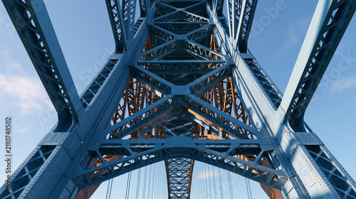 Low angle perspective view of large blue steel bridge truss framework structure looking up against clear blue sky.