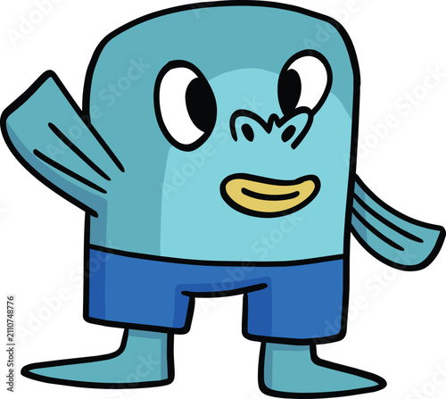Foto Blue Fish Character Wearing Shorts Waving