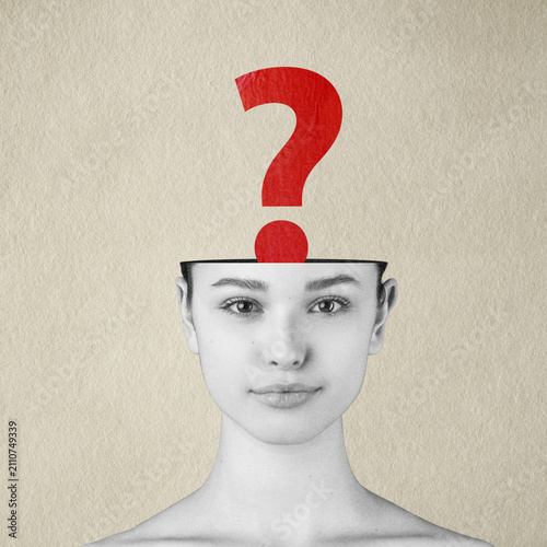 Abstract collage illustration of woman's head opening, a large red question mark finding inside, representing curiosity. Grunge, motion, noise and blur effect applied