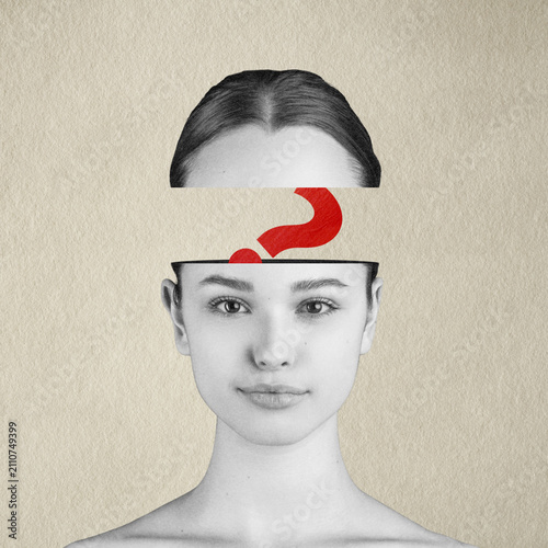 Abstract collage illustration of woman's head cut open with a red question mark inside, symbolizing confusion or doubt. Grunge, motion, noise and blur effect applied