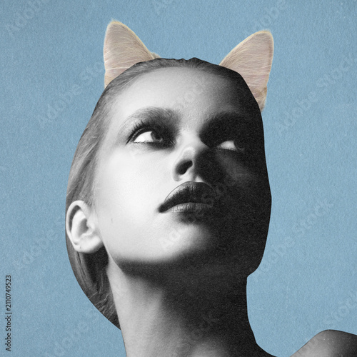 Abstract collage illustration of black and white stylish woman with cat ears on a blue background, representing hybrid identity. Grunge, motion, noise and blur effect applied