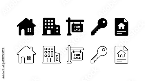 Canvas Print Real Estate House and Building Icons Set in Flat Outline and Silhouette Style Ve
