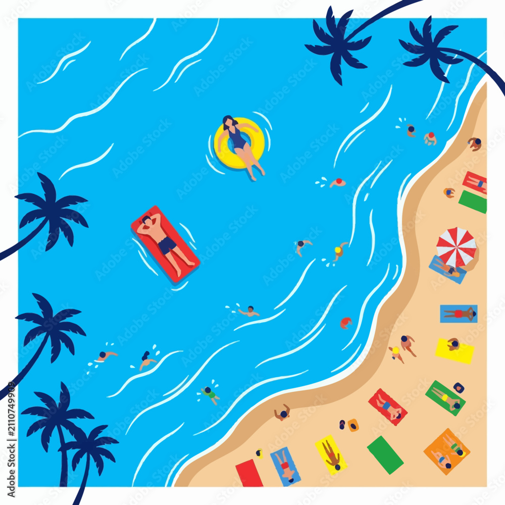 Naklejka premium Aerial View Illustration of a Vibrant Tropical Beach with People Swimming, Sunbathing, and Relaxing on Colorful Mats under Palm Tree Silhouettes during a Sunny Summer Vacation.