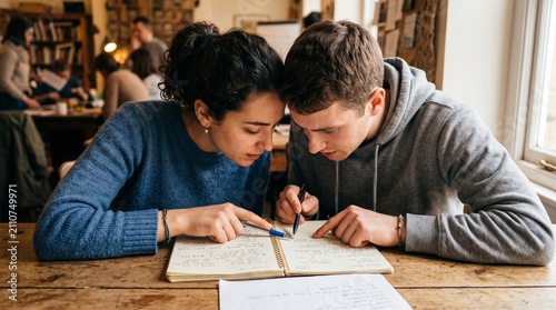Students study together in a library during the afternoon in a quiet space filled with books and natural light