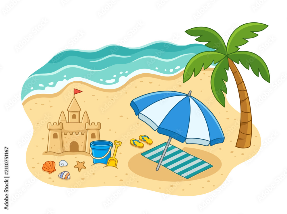 Naklejka premium A colorful summer beach scene with a sandcastle blue umbrella palm tree and ocean waves.