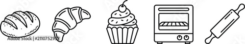 Set of Linear Bakery Icons Featuring Bread Pastry Oven and Tools