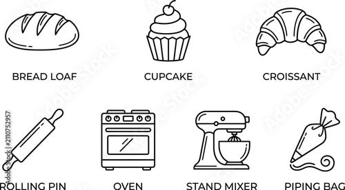 Linear Icons Set Featuring Various Baking Equipment And Pastries
