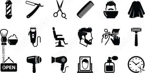 Professional Hairdressing Tools and Barber Shop Equipment Icons Set