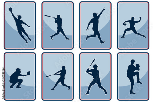 Foto Set of baseball athlete cards featuring batting pitching catching and fielding