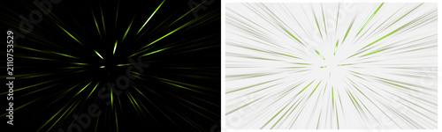 Green light speed burst overlay isolated on transparent background, Futuristic radial energy rays with glowing motion effect PNG.