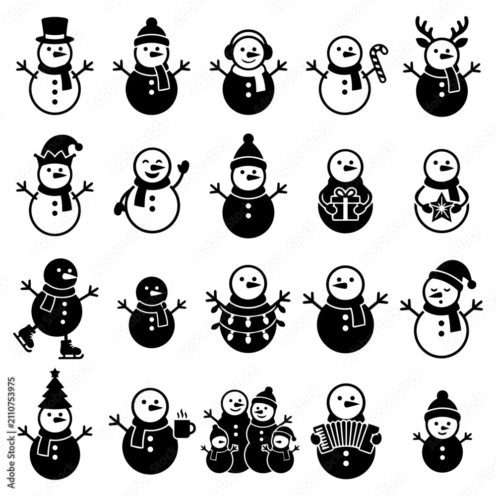 Obraz premium Set of black and white snowman icons vector illustration
