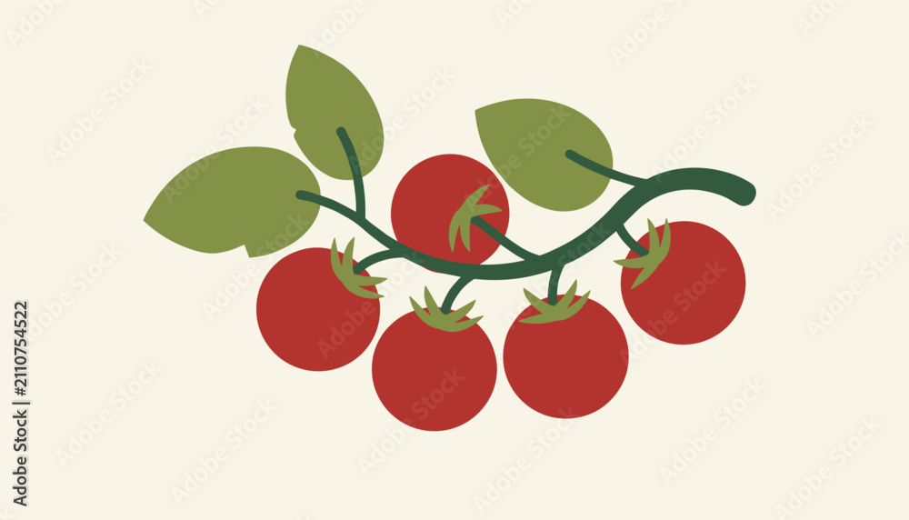 Obraz premium Charming bunch of ripe red cherry tomatoes on a green leafy vine is illustrated on a minimalist off-white background.