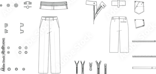 Pants Technical CAD Drawing with Sewing Components and Garment Construction Details