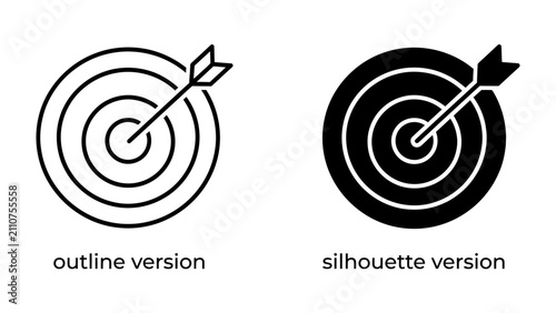 Foto Target and Arrow Icons: Two distinct icons, one an outline and the other a silhouette, represent a target with an arrow precisely hitting the bullseye, symbolizing focus, precision