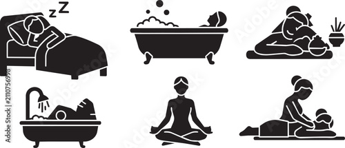 Obraz na płótnie Self care and wellness icon set, black silhouette relaxation symbols, 6 vector e