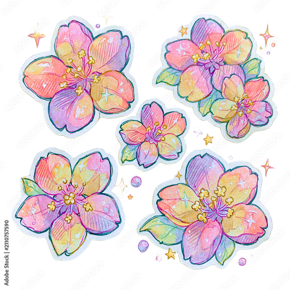 Obraz premium Rainbow Pastel Cherry Blossom Sticker Set — Hand Drawn Sakura Flower Clipart with Sparkles