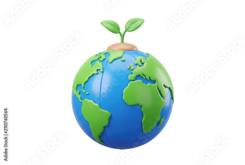 3d earth globe with sprouting green plant with top isolated transparent on transparent background