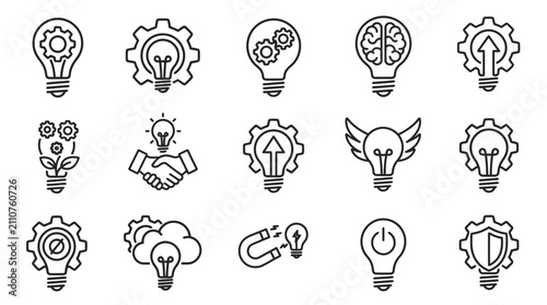 Business innovation and creative thinking line icon set representing ideas brain power growth and successful solution development